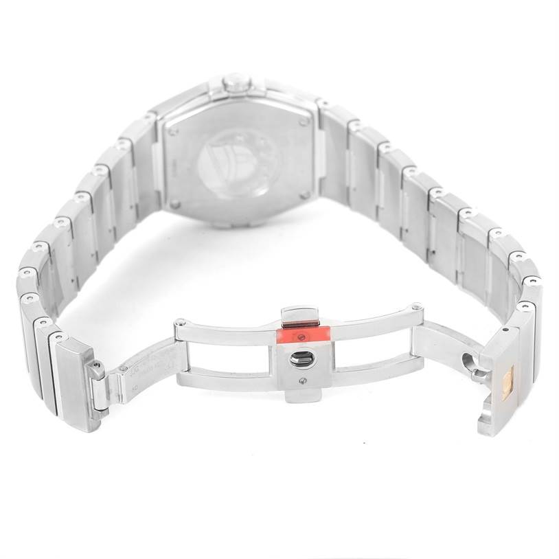 The image shows the open clasp and back of the Omega 123.15.27.60.51.001 Women's Stainless Steel Black Dial 123.15.27.60.51.001 Women's Stainless Steel Black Dial Constellation 27mm Diamond Watch 123.15.27.60.51.001.