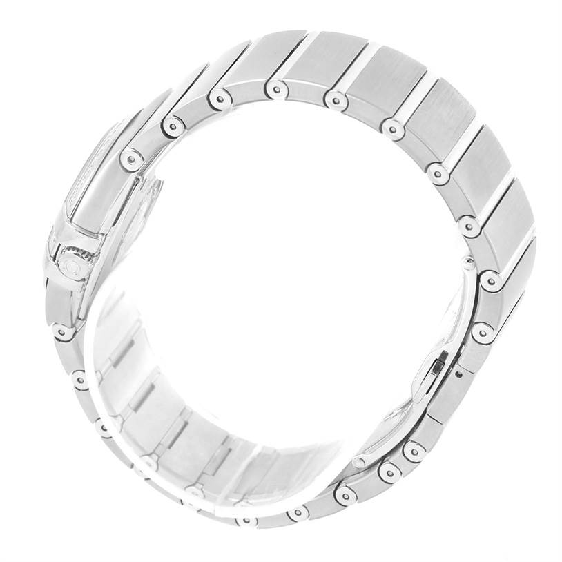 This image shows a side view of the bracelet and clasp of the Omega 123.15.27.60.51.001 Women's Stainless Steel Black Dial 123.15.27.60.51.001 Women's Stainless Steel Black Dial Constellation 27mm Diamond Watch 123.15.27.60.51.001 Unworn model.