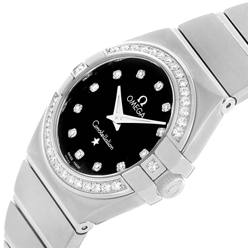 This image shows a close-up view of the Omega 123.15.27.60.51.001 Women's Stainless Steel Black Dial 123.15.27.60.51.001 Women's Stainless Steel Black Dial Constellation 27mm Diamond Watch 123.15.27.60.51.001, displaying its face, bezel, and bracelet.