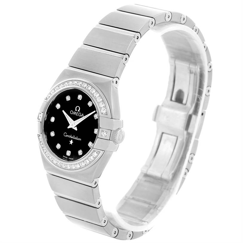 This Omega 123.15.27.60.51.001 Women's Stainless Steel Black Dial 123.15.27.60.51.001 Women's Stainless Steel Black Dial Constellation 27mm Diamond Watch 123.15.27.60.51.001 is shown at an angle highlighting its face, bezel, and bracelet.