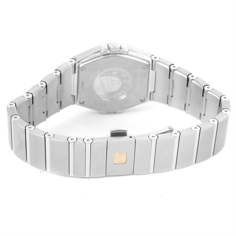 The image shows the back view of the Omega 123.15.27.60.51.001 Women's Stainless Steel Black Dial 123.15.27.60.51.001 Women's Stainless Steel Black Dial Constellation 27mm Diamond Watch 123.15.27.60.51.001 with the bracelet and clasp visible.