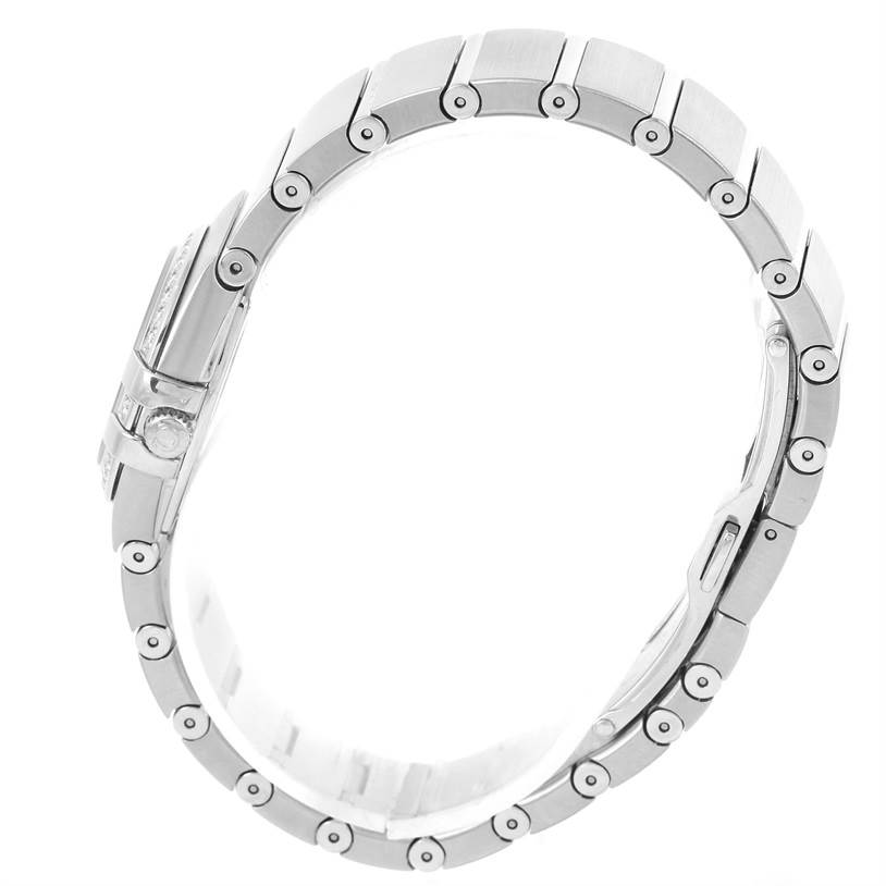 The side angle view of the Omega 123.15.24.60.55.004 Women
s Stainless Steel Mother of Pearl Dial 123.15.24.60.55.004 Women
s Stainless Steel Mother of Pearl Dial Constellation Diamond Ladies Watch 123.15.24.60.55.004 highlights its bracelet and case.