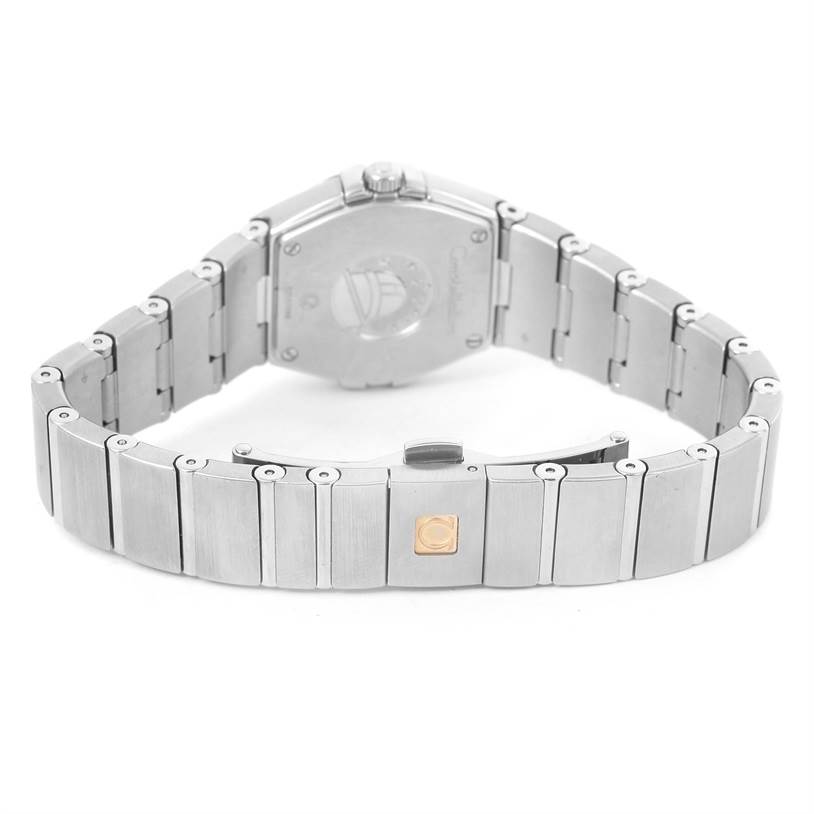 The image shows the back view of an Omega 123.15.24.60.55.004 Women
s Stainless Steel Mother of Pearl Dial 123.15.24.60.55.004 Women
s Stainless Steel Mother of Pearl Dial Constellation Diamond Ladies Watch model 123.15.24.60.55.004 with a metal bracelet and clasp.