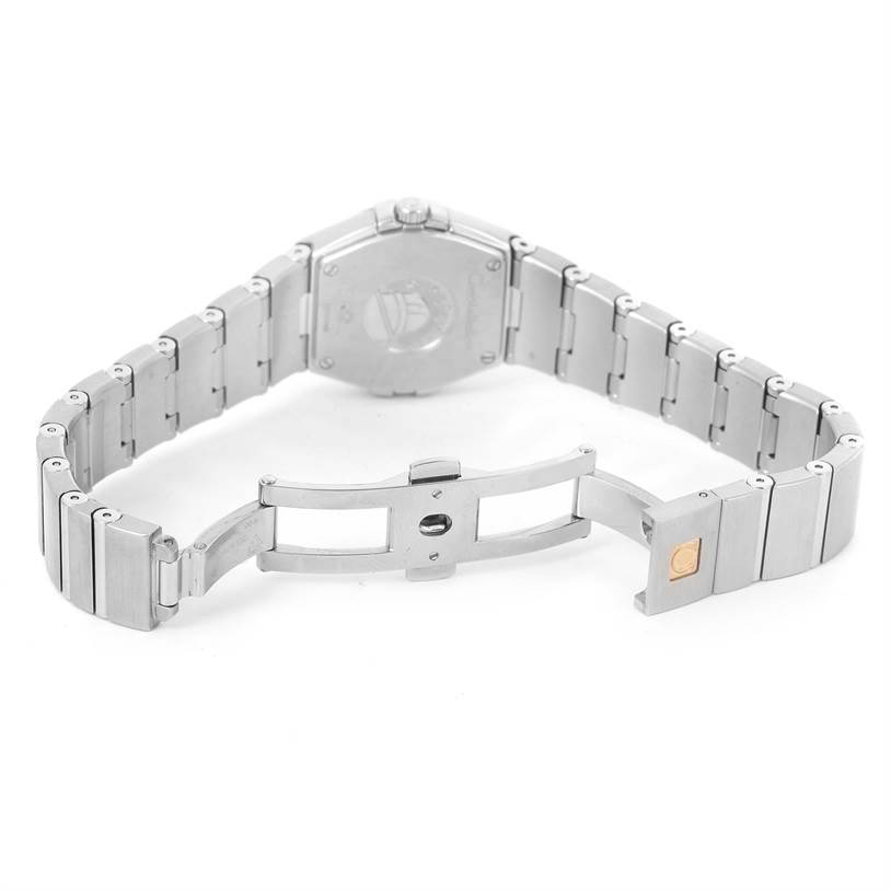 This image shows the open stainless steel clasp and back case of the Omega 123.15.24.60.55.004 Women
s Stainless Steel Mother of Pearl Dial 123.15.24.60.55.004 Women
s Stainless Steel Mother of Pearl Dial Constellation Diamond Ladies Watch 123.15.24.60.55.004 Unworn model.