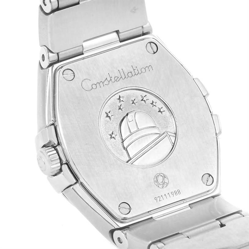 The image shows the back view of the Omega 123.15.24.60.55.004 Women
s Stainless Steel Mother of Pearl Dial 123.15.24.60.55.004 Women
s Stainless Steel Mother of Pearl Dial Constellation Diamond Ladies Watch 123.15.24.60.55.004, highlighting its engraved case back.