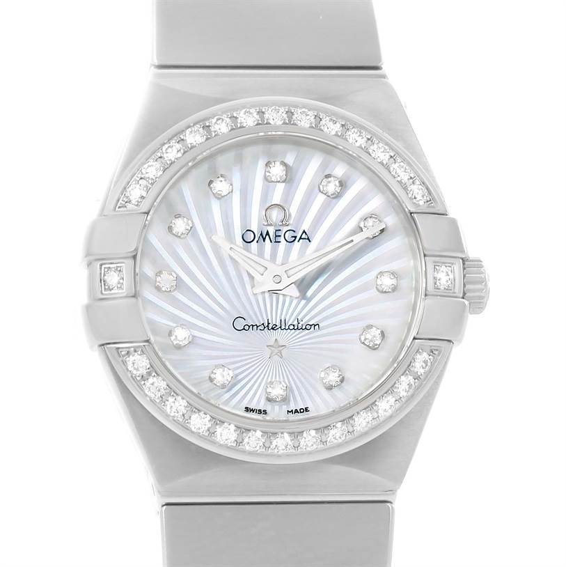 This image shows a front view of the Omega 123.15.24.60.55.004 Women
s Stainless Steel Mother of Pearl Dial 123.15.24.60.55.004 Women
s Stainless Steel Mother of Pearl Dial Constellation Diamond Ladies Watch 123.15.24.60.55.004.