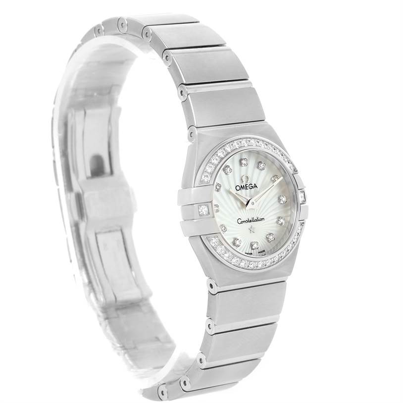 The image shows a front-left angled view of the Omega 123.15.24.60.55.004 Women
s Stainless Steel Mother of Pearl Dial 123.15.24.60.55.004 Women
s Stainless Steel Mother of Pearl Dial Constellation Diamond Ladies Watch 123.15.24.60.55.004, highlighting the dial and bracelet.