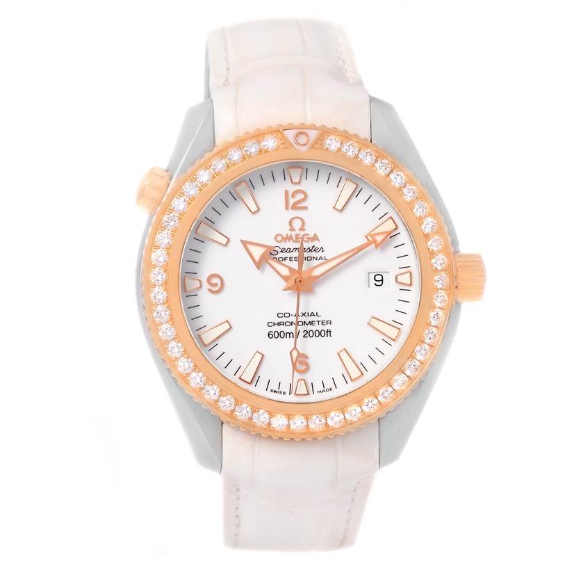 The image shows a front view of the Omega 222.28.42.20.04.001 Women's Steel and Gold (two tone) White Dial 222.28.42.20.04.001 Women's Steel and Gold (two tone) White Dial Seamaster Planet Ocean 42 mm Diamond Watch 222.28.42.20.04.001, highlighting the face and bezel.