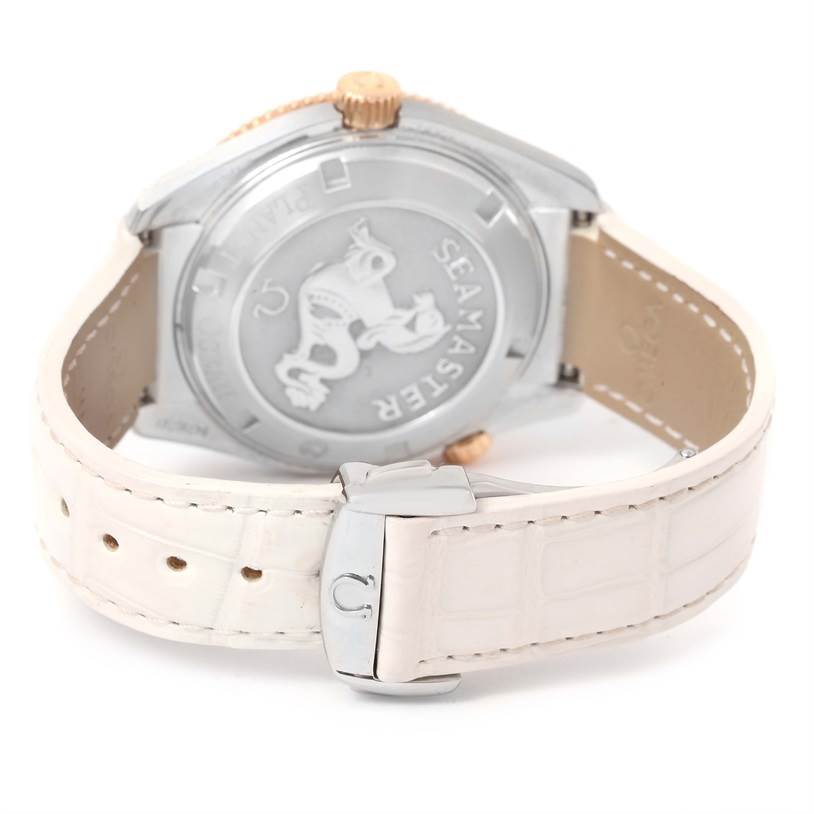 This image shows the back case and clasp of the Omega 222.28.42.20.04.001 Women's Steel and Gold (two tone) White Dial 222.28.42.20.04.001 Women's Steel and Gold (two tone) White Dial Seamaster Planet Ocean 42 mm Diamond Watch model 222.28.42.20.04.001.