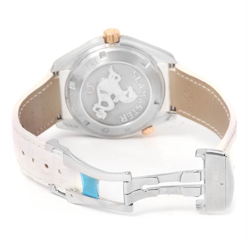 The image shows the backside and open clasp of the Omega 222.28.42.20.04.001 Women's Steel and Gold (two tone) White Dial 222.28.42.20.04.001 Women's Steel and Gold (two tone) White Dial Seamaster Planet Ocean 42 mm Diamond Watch model 222.28.42.20.04.001.