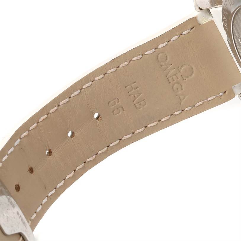 This image shows the inside of the leather strap of the Omega 222.28.42.20.04.001 Women's Steel and Gold (two tone) White Dial 222.28.42.20.04.001 Women's Steel and Gold (two tone) White Dial Seamaster Planet Ocean 42 mm Diamond Watch 222.28.42.20.04.001.