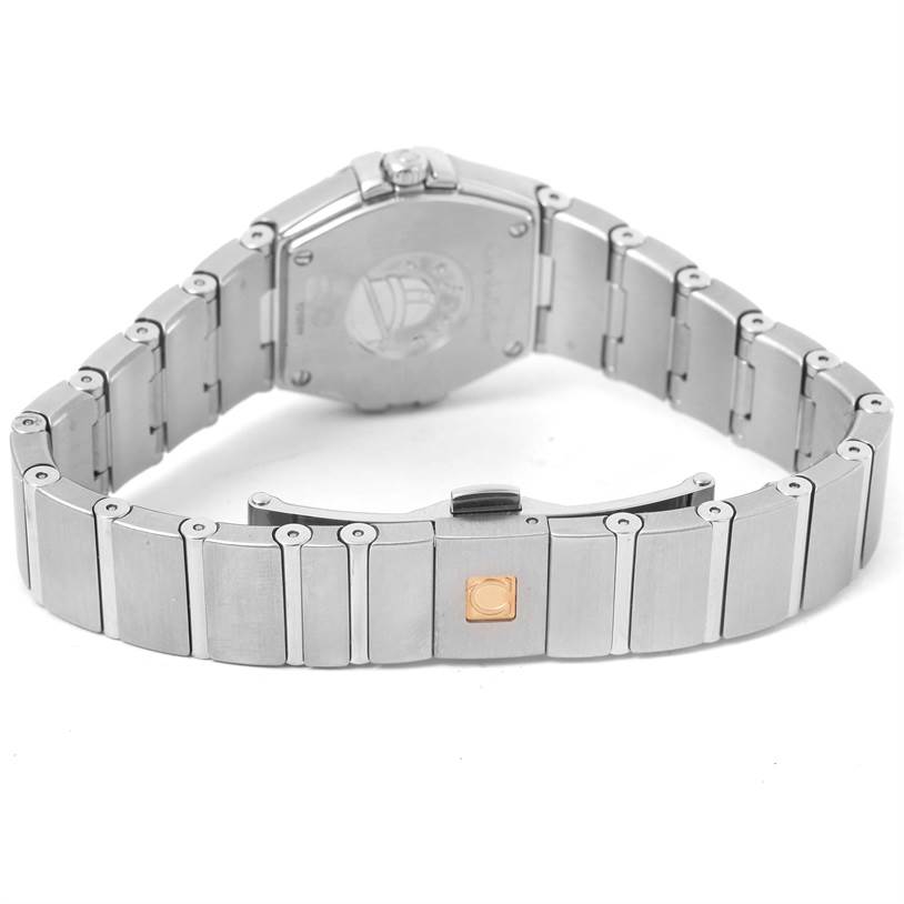 The image shows the back angle of the Omega 123.15.24.60.55.004 Women's Stainless Steel Mother of Pearl Dial 123.15.24.60.55.004 Women's Stainless Steel Mother of Pearl Dial Constellation Steel MOP Diamond Watch 123.15.24.60.55.004, highlighting the bracelet and clasp.