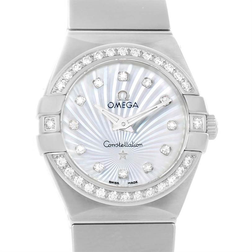 The image shows a frontal view of the Omega 123.15.24.60.55.004 Women's Stainless Steel Mother of Pearl Dial 123.15.24.60.55.004 Women's Stainless Steel Mother of Pearl Dial Constellation Steel MOP Diamond Watch 123.15.24.60.55.004.