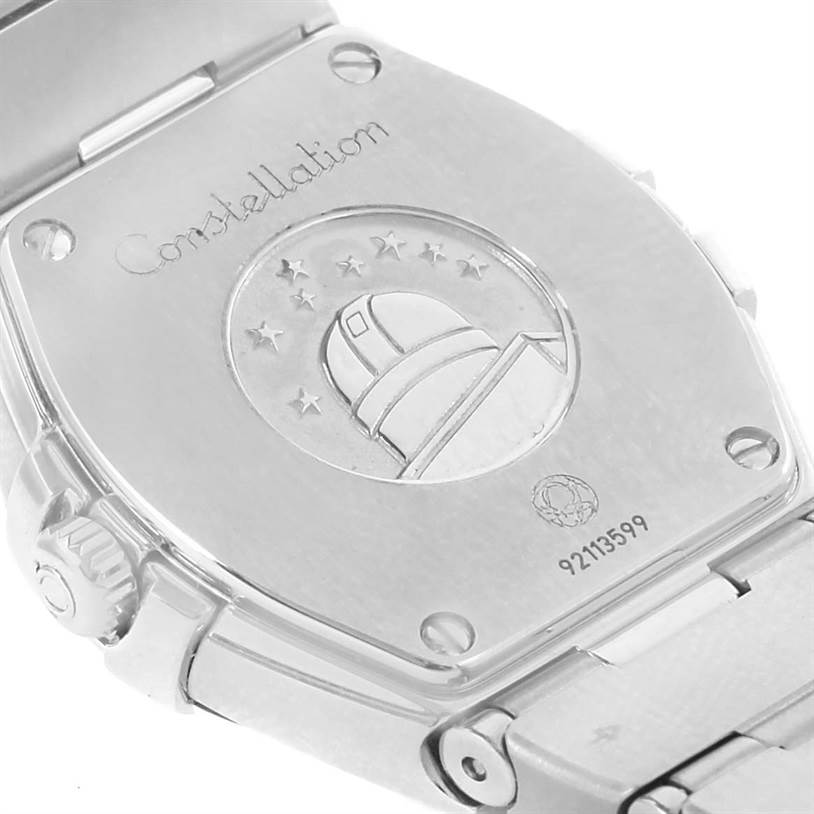 The image shows the back case of the Omega 123.15.24.60.55.004 Women's Stainless Steel Mother of Pearl Dial 123.15.24.60.55.004 Women's Stainless Steel Mother of Pearl Dial Constellation Steel MOP Diamond Watch 123.15.24.60.55.004.