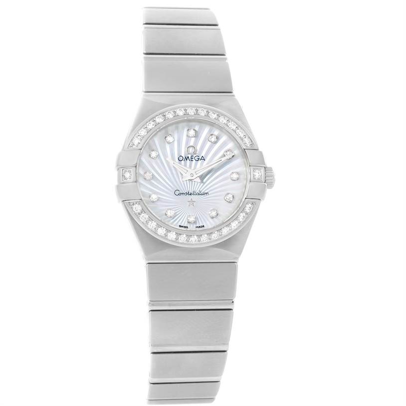 This image shows a front view of the Omega 123.15.24.60.55.004 Women's Stainless Steel Mother of Pearl Dial 123.15.24.60.55.004 Women's Stainless Steel Mother of Pearl Dial Constellation Steel MOP Diamond Watch model 123.15.24.60.55.004.