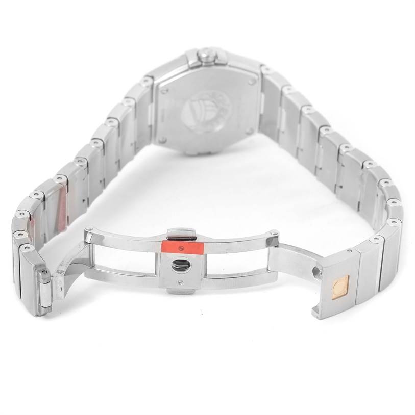 The image shows the back and clasp of the Omega 123.15.24.60.55.004 Women's Stainless Steel Mother of Pearl Dial 123.15.24.60.55.004 Women's Stainless Steel Mother of Pearl Dial Constellation Steel MOP Diamond Watch 123.15.24.60.55.004 Unworn model.