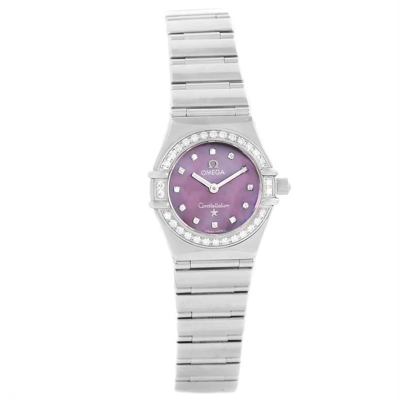The image shows a front view of the Omega 1457.78.00 Women's Stainless Steel Mother of Pearl Dial 1457.78.00 Women's Stainless Steel Mother of Pearl Dial Constellation My Choice Diamond Limited Edition Watch 1457.78.00, highlighting its dial, bezel, and bracelet.
