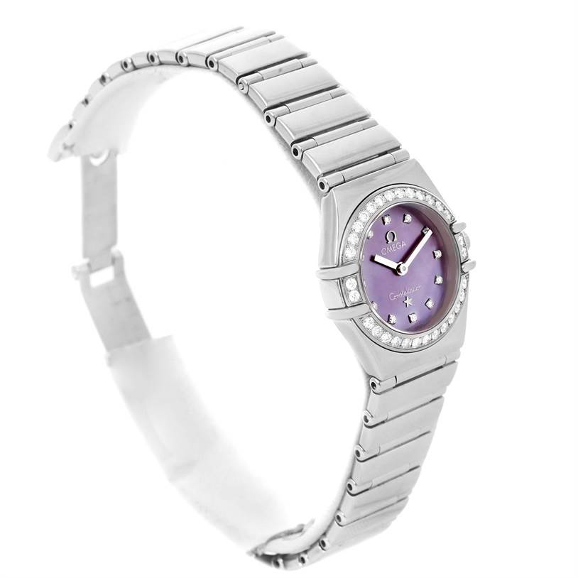The image shows the front and side angle of the Omega 1457.78.00 Women's Stainless Steel Mother of Pearl Dial 1457.78.00 Women's Stainless Steel Mother of Pearl Dial Constellation My Choice Diamond Limited Edition Watch 1457.78.00 with a purple face and diamond accents.