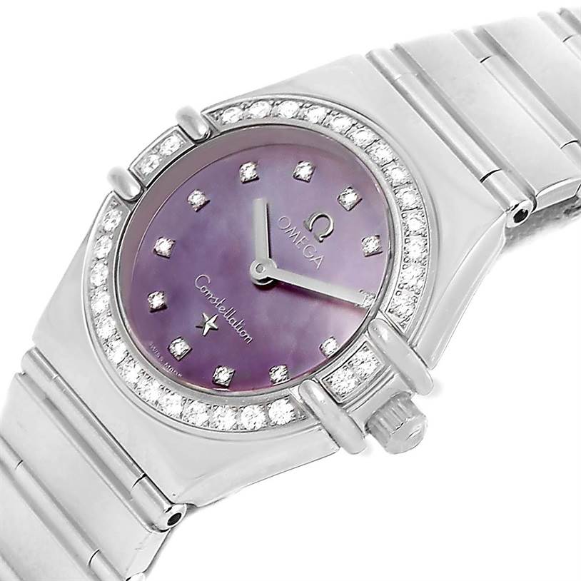 The image shows a close-up, angled view of the face and part of the bracelet of the Omega 1457.78.00 Women's Stainless Steel Mother of Pearl Dial 1457.78.00 Women's Stainless Steel Mother of Pearl Dial Constellation My Choice Diamond Limited Edition Watch 1457.78.00.