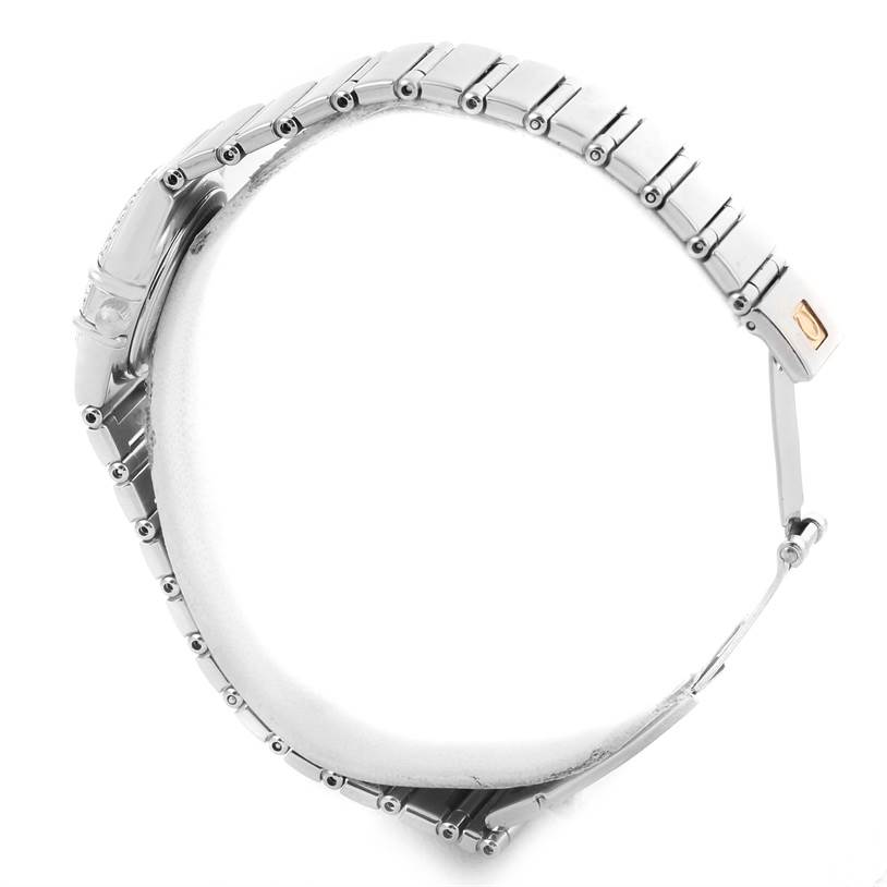 The image shows a side view of the Omega 1457.78.00 Women's Stainless Steel Mother of Pearl Dial 1457.78.00 Women's Stainless Steel Mother of Pearl Dial Constellation My Choice Diamond Limited Edition Watch 1457.78.00, featuring its bracelet.