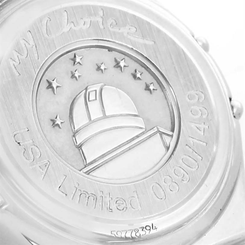 The image shows the back case of an Omega 1457.78.00 Women's Stainless Steel Mother of Pearl Dial 1457.78.00 Women's Stainless Steel Mother of Pearl Dial Constellation My Choice Diamond Limited Edition Watch 1457.78.00 with engraving details.