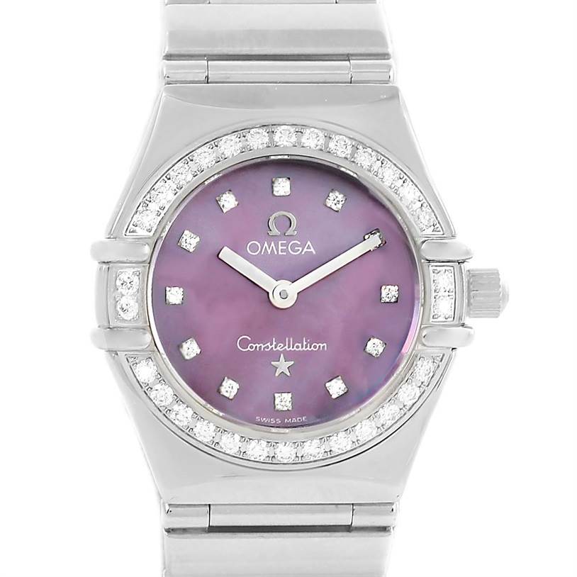This image shows a front view of the Omega 1457.78.00 Women's Stainless Steel Mother of Pearl Dial 1457.78.00 Women's Stainless Steel Mother of Pearl Dial Constellation My Choice Diamond Limited Edition Watch 1457.78.00 with a diamond-studded bezel.