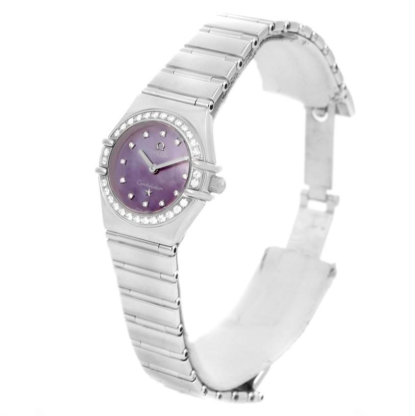 The Omega 1457.78.00 Women's Stainless Steel Mother of Pearl Dial 1457.78.00 Women's Stainless Steel Mother of Pearl Dial Constellation My Choice Diamond Limited Edition Watch 1457.78.00 is shown at a slight angle, displaying the bracelet, dial, and face.