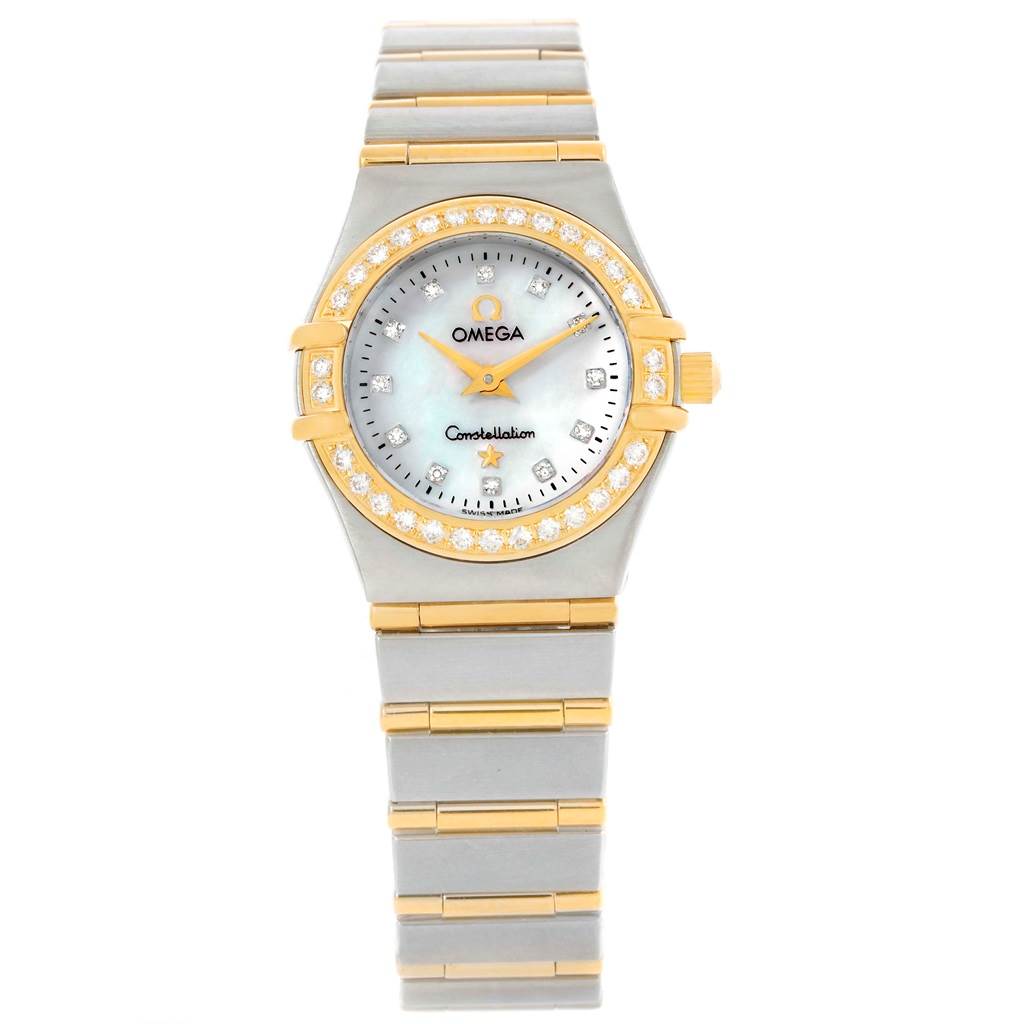 The image shows a front view of the Omega 1267.75.00 Women
s Steel and Gold (two tone) Mother of Pearl Dial 1267.75.00 Women
s Steel and Gold (two tone) Mother of Pearl Dial Constellation My Choice Mini Steel Gold Diamond Watch 1267.75.00, highlighting its bracelet and diamond bezel.