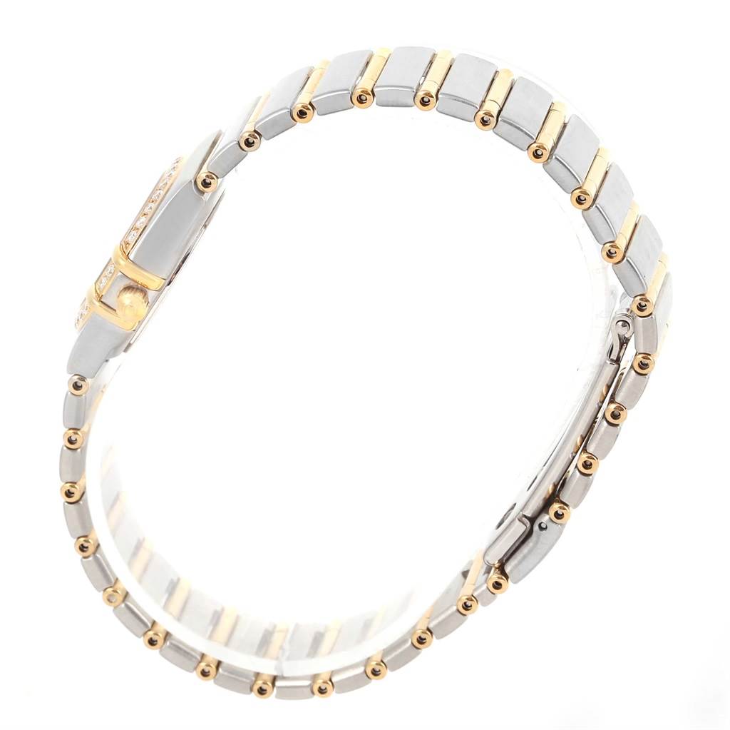 The image shows a side view of the Omega 1267.75.00 Women
s Steel and Gold (two tone) Mother of Pearl Dial 1267.75.00 Women
s Steel and Gold (two tone) Mother of Pearl Dial Constellation My Choice Mini Steel Gold Diamond Watch 1267.75.00, highlighting the bracelet and part of the case.