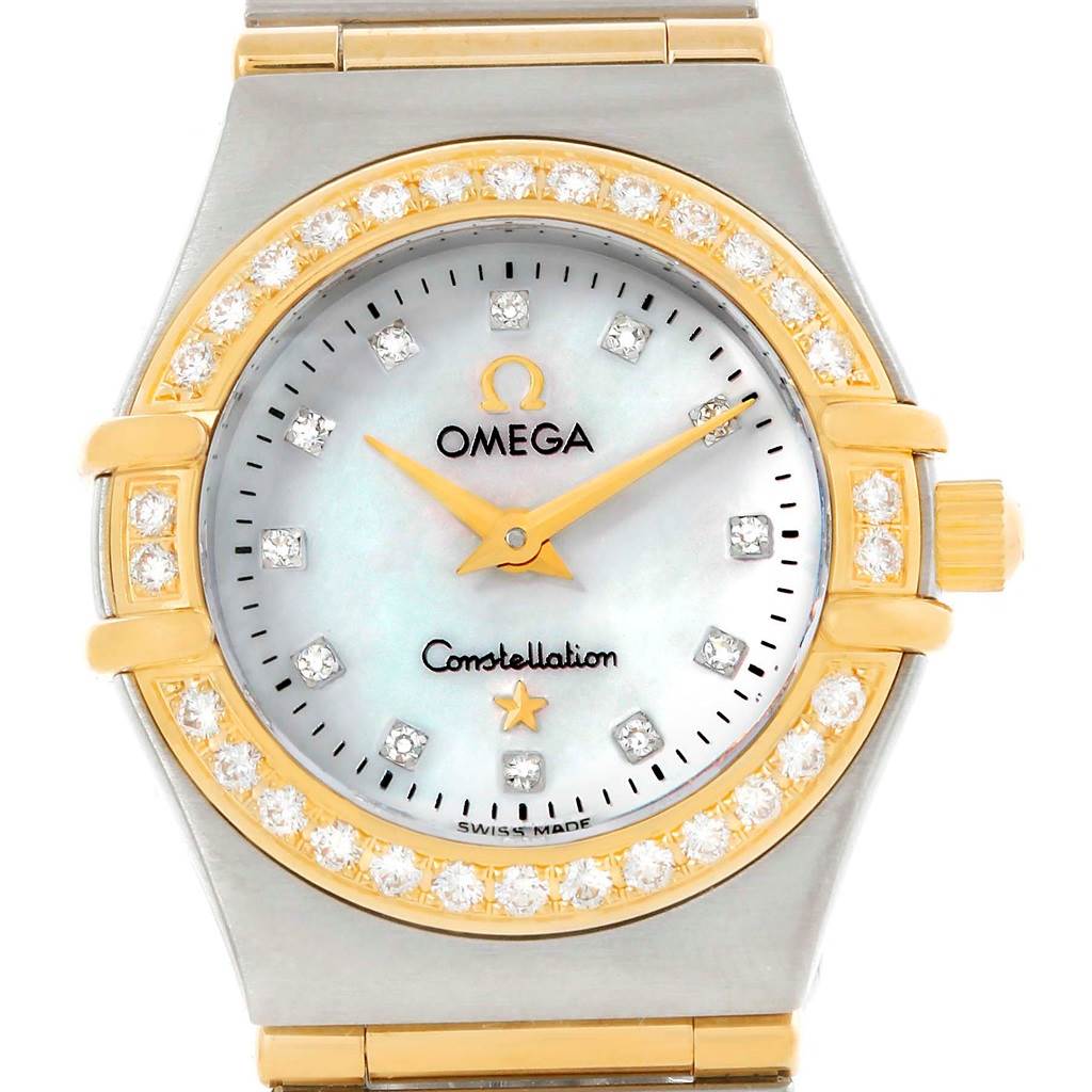 The image shows a front view of the Omega 1267.75.00 Women
s Steel and Gold (two tone) Mother of Pearl Dial 1267.75.00 Women
s Steel and Gold (two tone) Mother of Pearl Dial Constellation My Choice Mini Steel Gold Diamond Watch 1267.75.00, highlighting its dial, bezel, and crown.