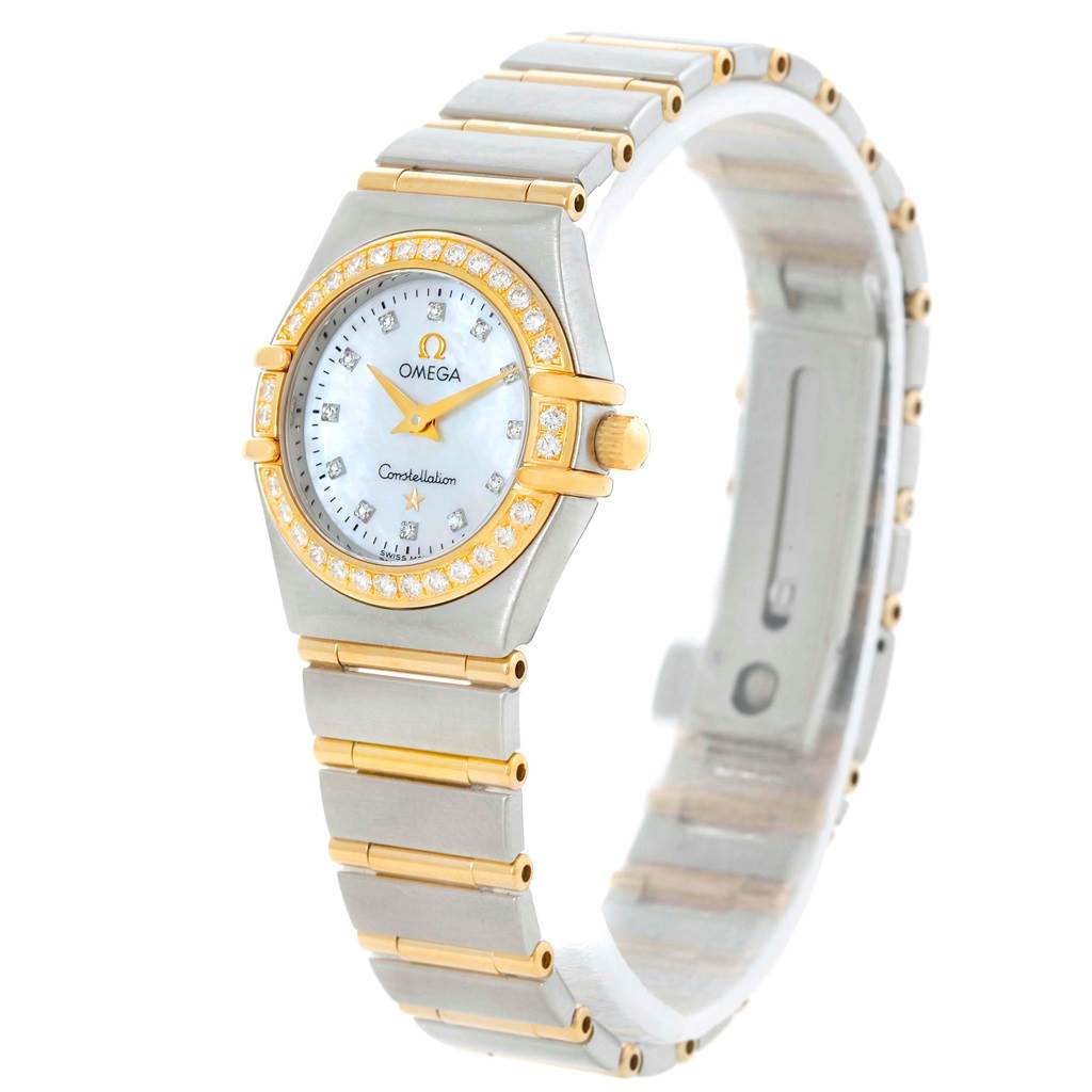 The Omega 1267.75.00 Women
s Steel and Gold (two tone) Mother of Pearl Dial 1267.75.00 Women
s Steel and Gold (two tone) Mother of Pearl Dial Constellation My Choice Mini Steel Gold Diamond Watch 1267.75.00 is shown at a slight side angle, highlighting the face, bezel, and band.