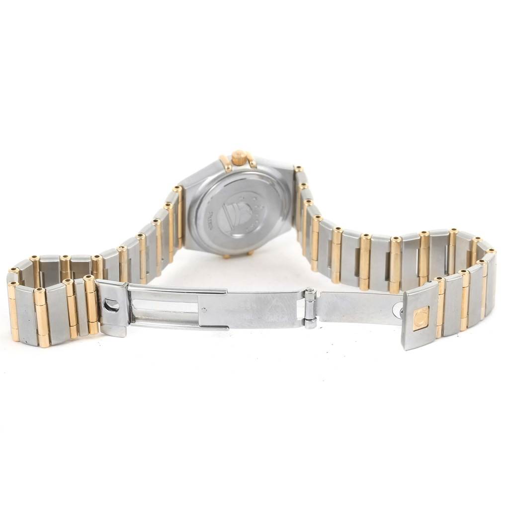 This image shows the back and the open bracelet of the Omega 1267.75.00 Women
s Steel and Gold (two tone) Mother of Pearl Dial 1267.75.00 Women
s Steel and Gold (two tone) Mother of Pearl Dial Constellation My Choice Mini Steel Gold Diamond Watch 1267.75.00.