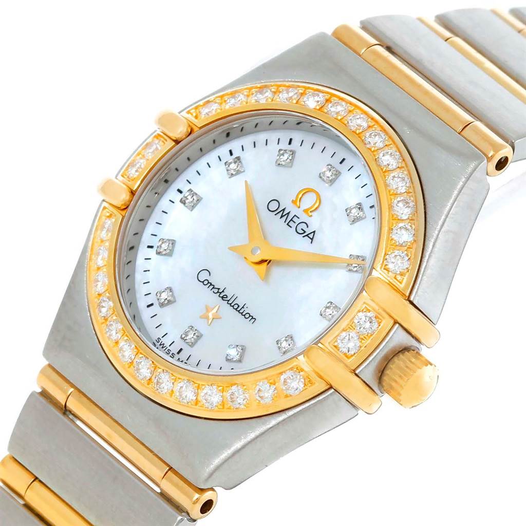 The Omega 1267.75.00 Women
s Steel and Gold (two tone) Mother of Pearl Dial 1267.75.00 Women
s Steel and Gold (two tone) Mother of Pearl Dial Constellation My Choice Mini Steel Gold Diamond Watch 1267.75.00 is shown at a slight angle featuring its face, bezel, and partial bracelet.