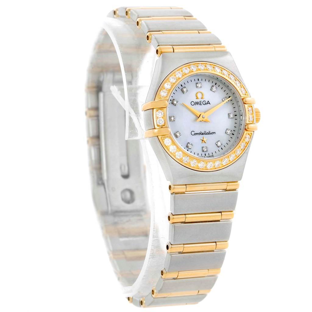 The image shows the Omega 1267.75.00 Women
s Steel and Gold (two tone) Mother of Pearl Dial 1267.75.00 Women
s Steel and Gold (two tone) Mother of Pearl Dial Constellation My Choice Mini Steel Gold Diamond Watch 1267.75.00 at a 3/4 angle, displaying the face and bracelet.