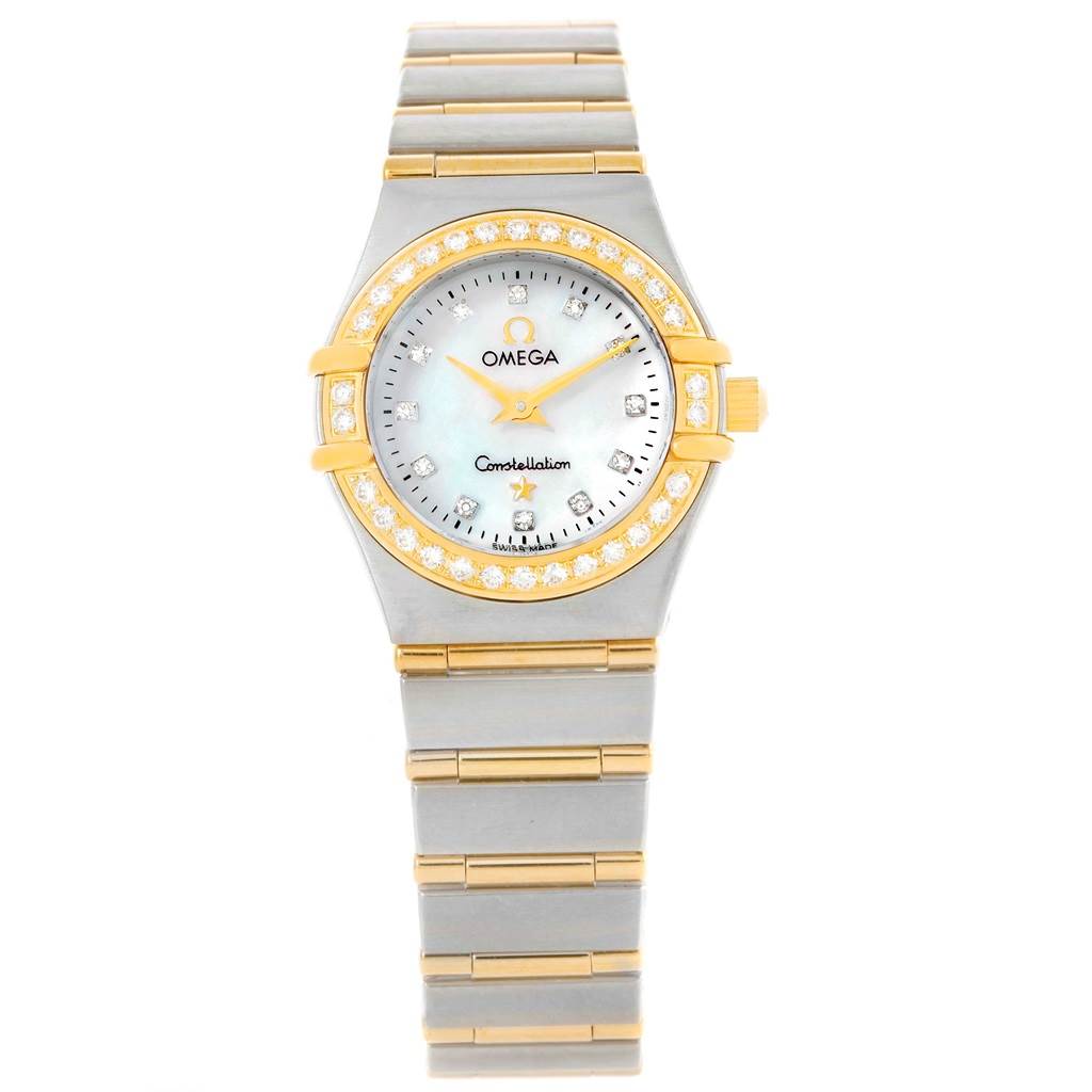 The image shows a frontal view of the Omega 1267.75.00 Women
s Steel and Gold (two tone) Mother of Pearl Dial 1267.75.00 Women
s Steel and Gold (two tone) Mother of Pearl Dial Constellation My Choice Mini Steel Gold Diamond Watch 1267.75.00, showcasing the dial and band.