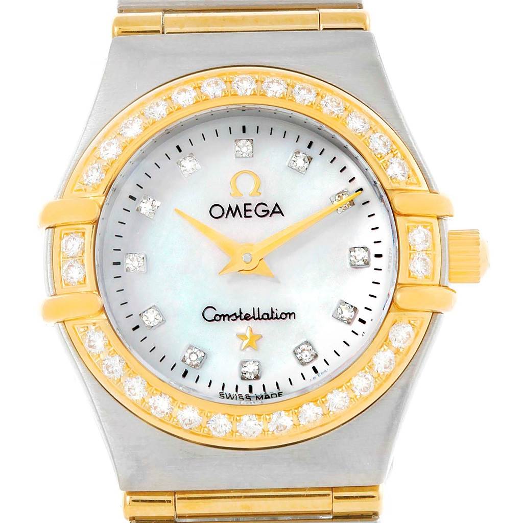 The image shows a frontal view of the Omega 1267.75.00 Women
s Steel and Gold (two tone) Mother of Pearl Dial 1267.75.00 Women
s Steel and Gold (two tone) Mother of Pearl Dial Constellation My Choice Mini Steel Gold Diamond Watch 1267.75.00.