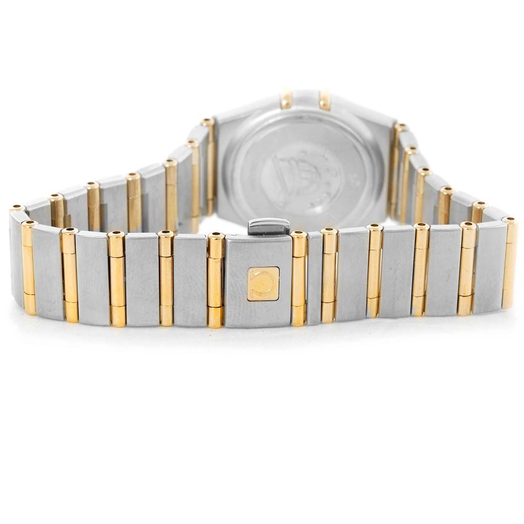 This image shows the back and bracelet of the Omega 1267.75.00 Women
s Steel and Gold (two tone) Mother of Pearl Dial 1267.75.00 Women
s Steel and Gold (two tone) Mother of Pearl Dial Constellation My Choice Mini Steel Gold Diamond Watch 1267.75.00. 