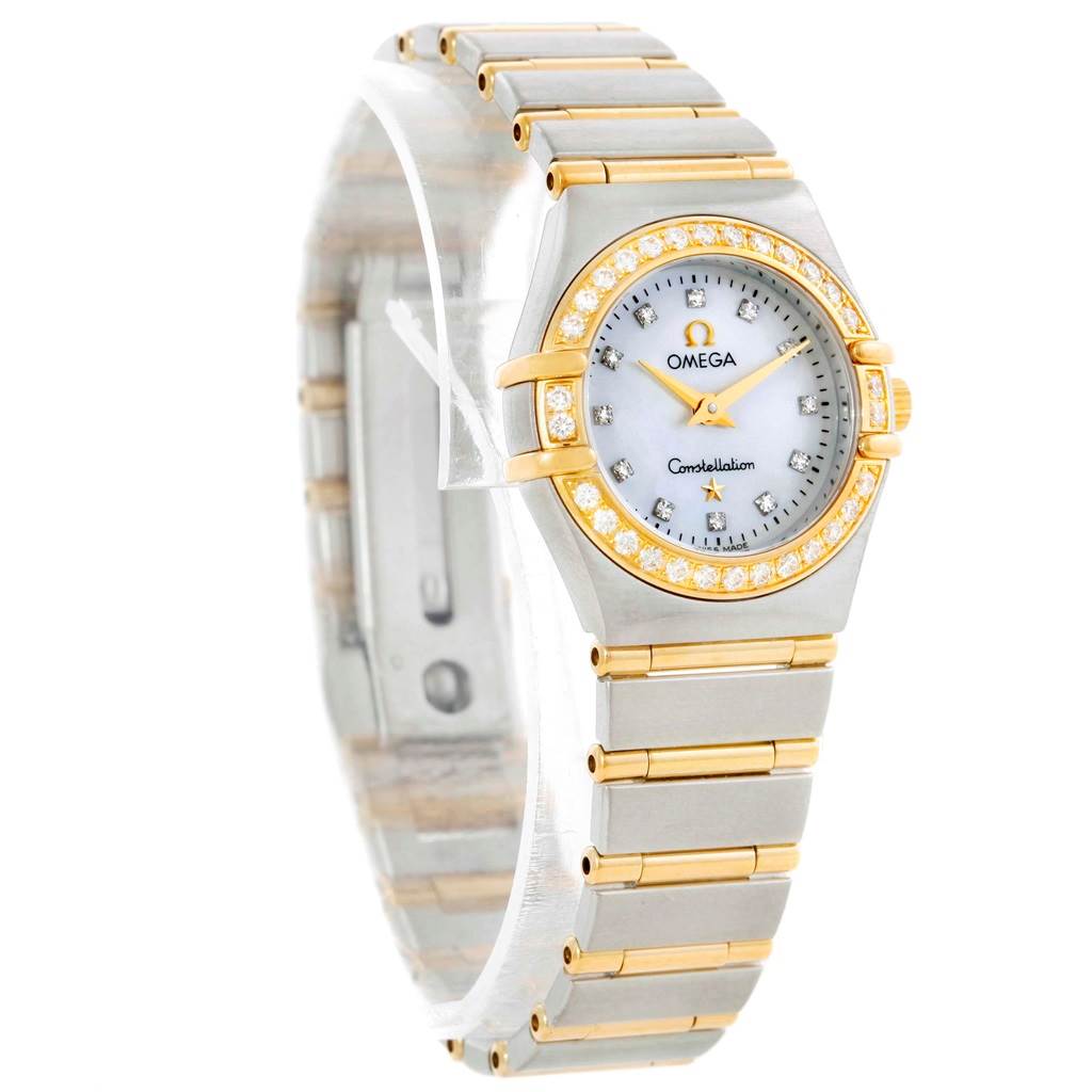 The Omega 1267.75.00 Women
s Steel and Gold (two tone) Mother of Pearl Dial 1267.75.00 Women
s Steel and Gold (two tone) Mother of Pearl Dial Constellation My Choice Mini Steel Gold Diamond Watch 1267.75.00 is shown at an angled side view highlighting its face and bracelet.
