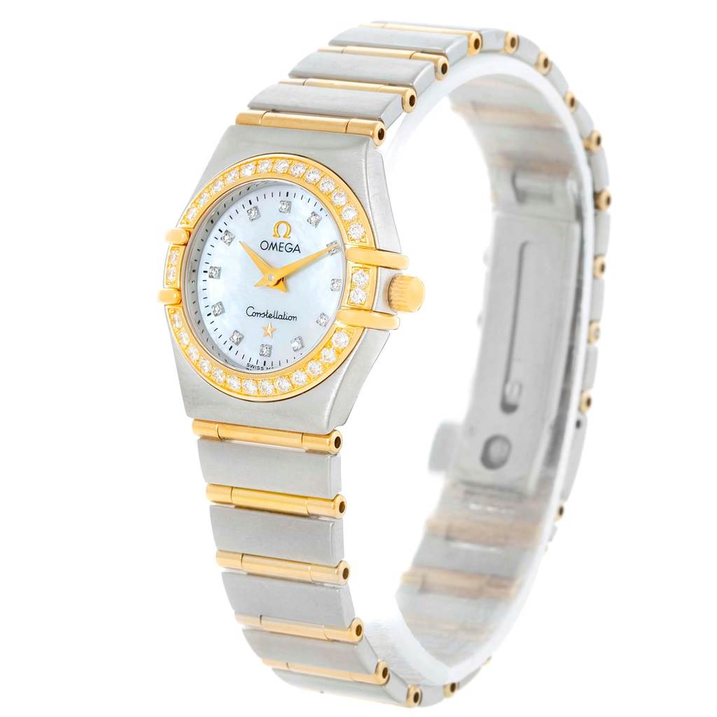 The Omega 1267.75.00 Women
s Steel and Gold (two tone) Mother of Pearl Dial 1267.75.00 Women
s Steel and Gold (two tone) Mother of Pearl Dial Constellation My Choice Mini Steel Gold Diamond Watch 1267.75.00 model is shown at a three-quarter angle, displaying the face and strap.