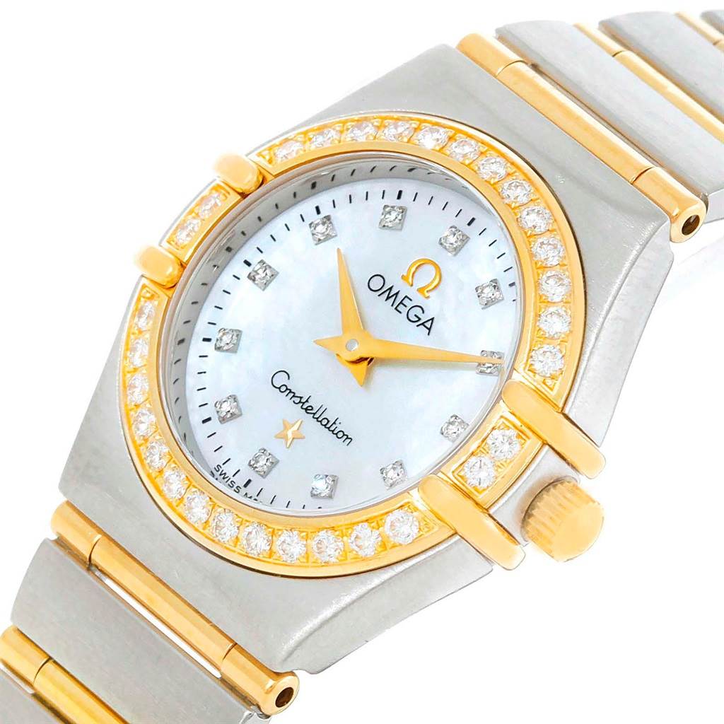 The image shows a close-up angle of the Omega 1267.75.00 Women
s Steel and Gold (two tone) Mother of Pearl Dial 1267.75.00 Women
s Steel and Gold (two tone) Mother of Pearl Dial Constellation My Choice Mini Steel Gold Diamond Watch (model 1267.75.00), highlighting the watch face and bezel.
