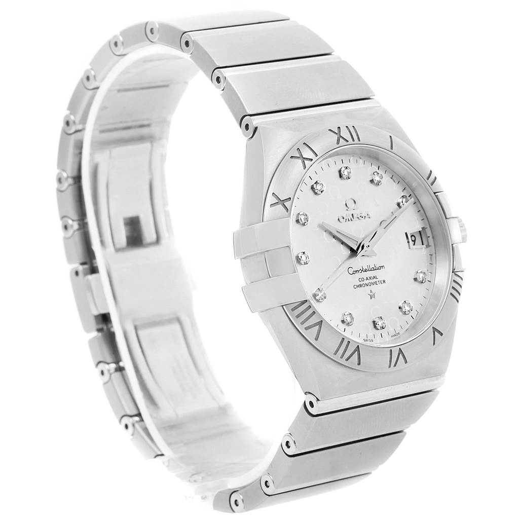 The image shows an angled side view of the Omega 123.10.35.20.52.002 Women
s Stainless Steel Silver Dial 123.10.35.20.52.002 Women
s Stainless Steel Silver Dial Constellation Steel Diamond Ladies Watch 123.10.35.20.52.002, highlighting the band and face.