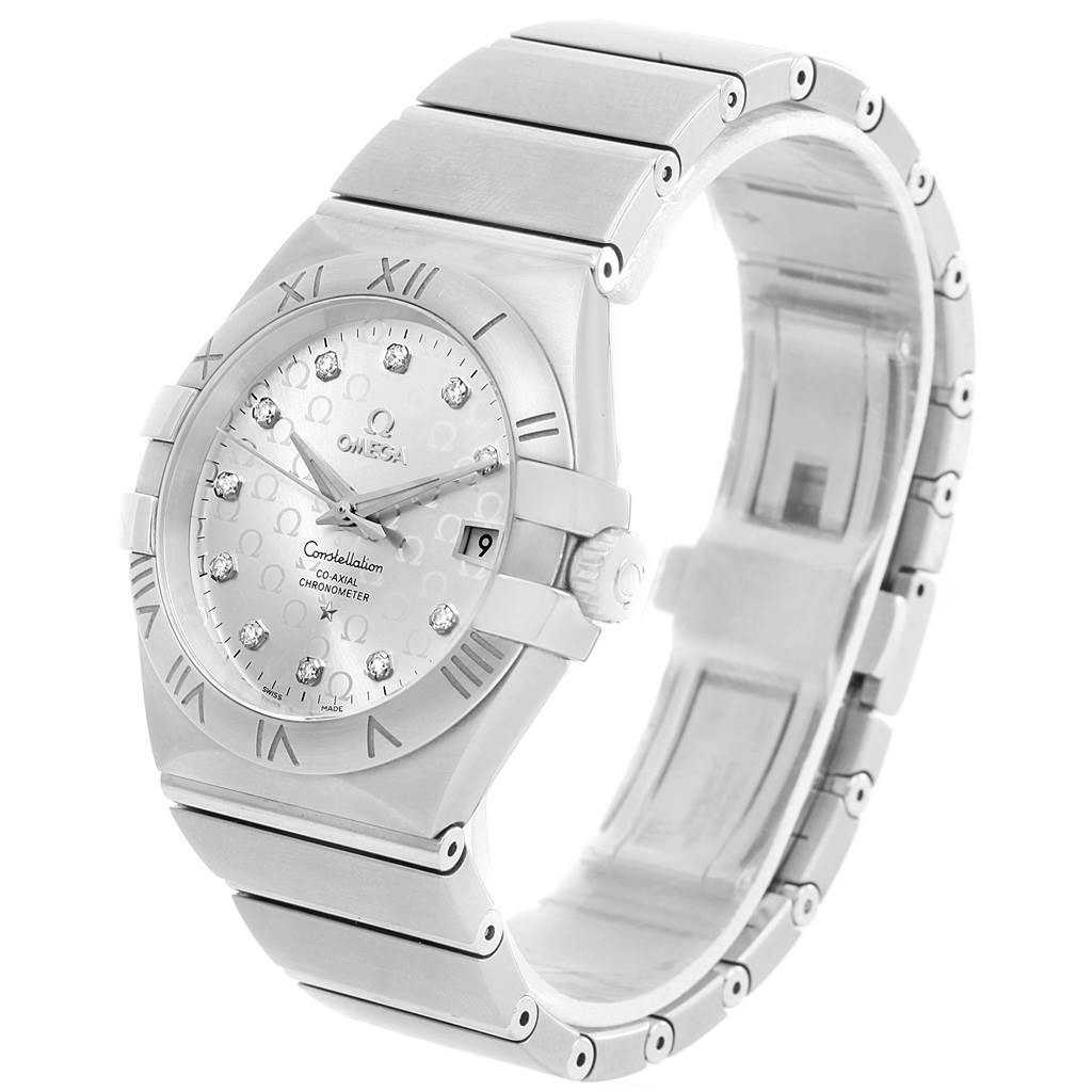 The Omega 123.10.35.20.52.002 Women
s Stainless Steel Silver Dial 123.10.35.20.52.002 Women
s Stainless Steel Silver Dial Constellation Steel Diamond Ladies Watch 123.10.35.20.52.002 is shown at an angled side view featuring its face, bracelet, and crown.