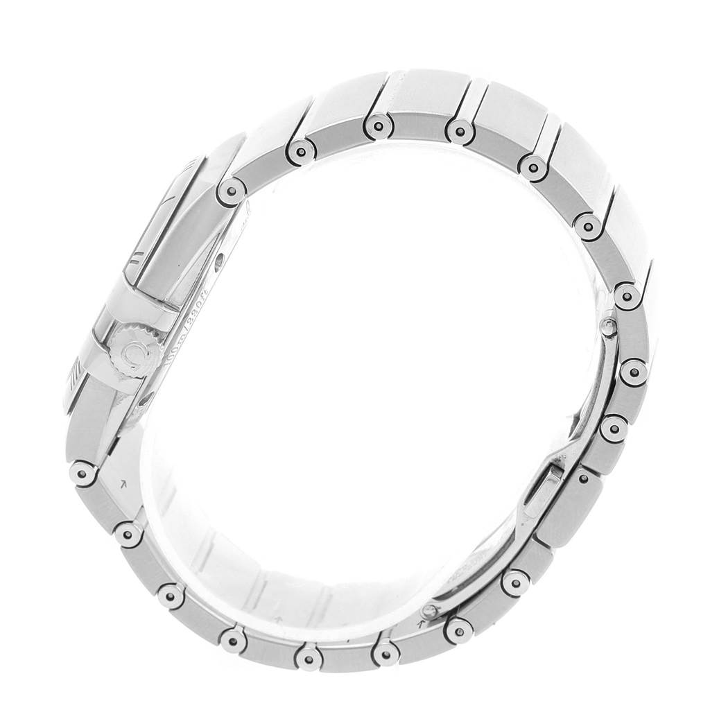 The image shows a side view of the Omega 123.10.35.20.52.002 Women
s Stainless Steel Silver Dial 123.10.35.20.52.002 Women
s Stainless Steel Silver Dial Constellation Steel Diamond Ladies Watch 123.10.35.20.52.002, highlighting its bracelet and crown.