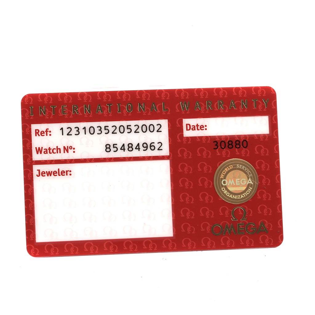 The image shows the International Warranty card for the Omega 123.10.35.20.52.002 Women
s Stainless Steel Silver Dial 123.10.35.20.52.002 Women
s Stainless Steel Silver Dial Constellation Steel Diamond Ladies Watch 123.10.35.20.52.002.