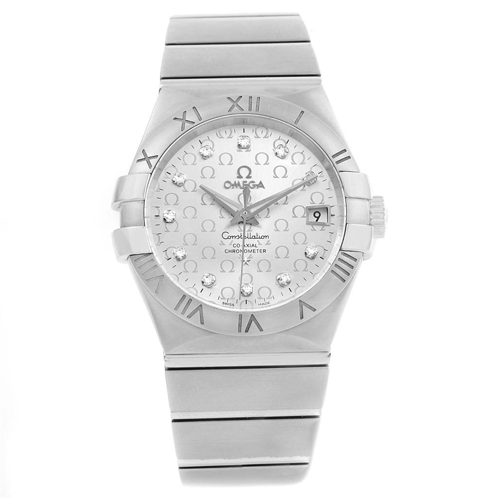 The image shows a front view of the Omega 123.10.35.20.52.002 Women
s Stainless Steel Silver Dial 123.10.35.20.52.002 Women
s Stainless Steel Silver Dial Constellation Steel Diamond Ladies Watch 123.10.35.20.52.002, highlighting its face and bracelet.