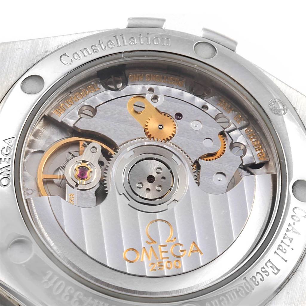 This close-up image shows the back view of the Omega 123.10.35.20.52.002 Women
s Stainless Steel Silver Dial 123.10.35.20.52.002 Women
s Stainless Steel Silver Dial Constellation Steel Diamond Ladies Watch 123.10.35.20.52.002, highlighting its inner mechanical movement.