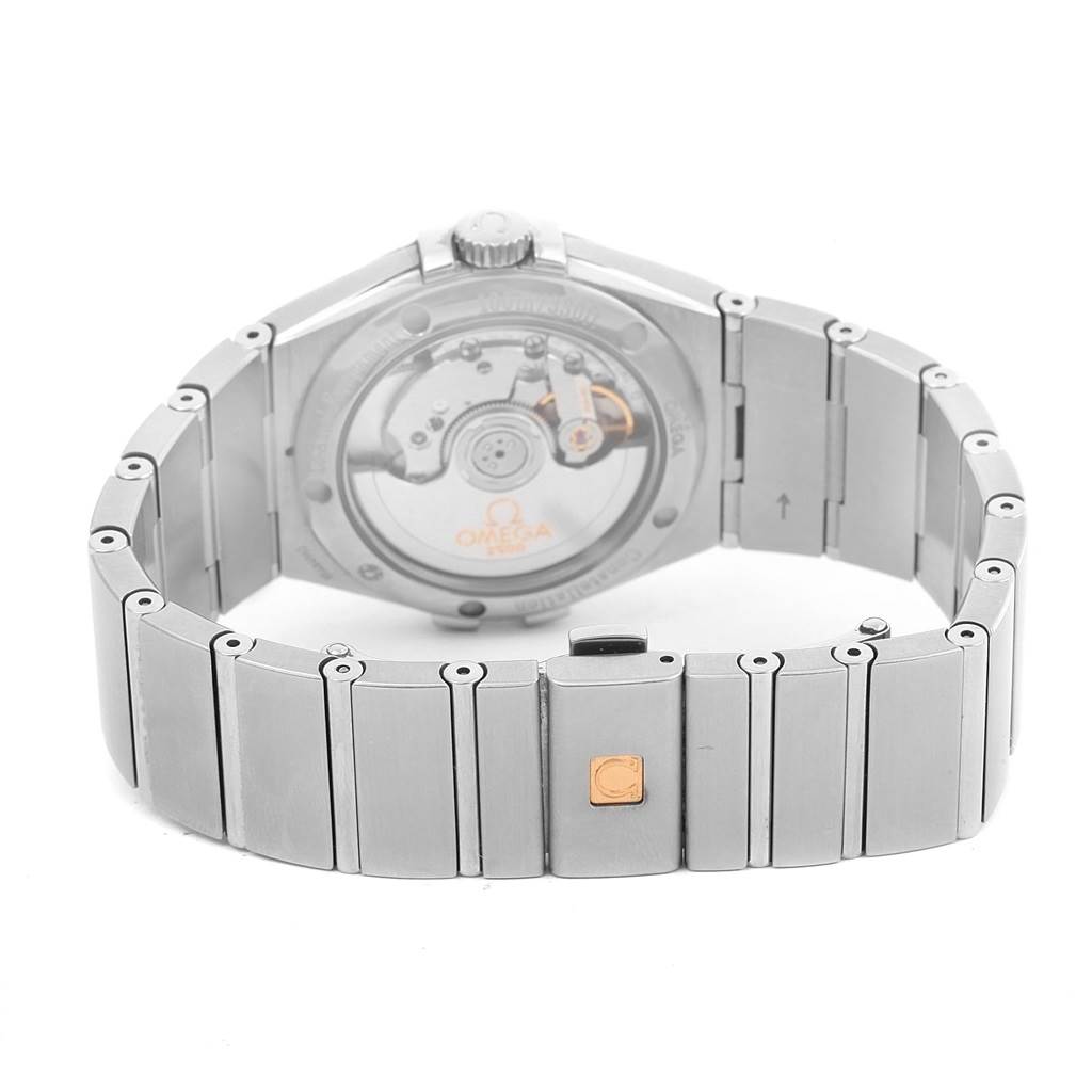 The image displays the back view of the Omega 123.10.35.20.52.002 Women
s Stainless Steel Silver Dial 123.10.35.20.52.002 Women
s Stainless Steel Silver Dial Constellation Steel Diamond Ladies Watch 123.10.35.20.52.002, showing the clasp and movement.