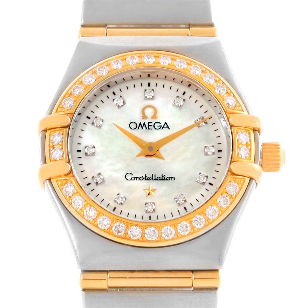 The image shows a front view of the Omega 1267.75.00 Women
s Steel and Gold (two tone) Mother of Pearl Dial 1267.75.00 Women
s Steel and Gold (two tone) Mother of Pearl Dial Constellation My Choice Mini Ladies Diamond Watch 1267.75.00.