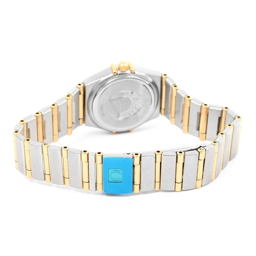 This image shows the back and clasp of the Omega 1267.75.00 Women
s Steel and Gold (two tone) Mother of Pearl Dial 1267.75.00 Women
s Steel and Gold (two tone) Mother of Pearl Dial Constellation My Choice Mini Ladies Diamond Watch 1267.75.00.