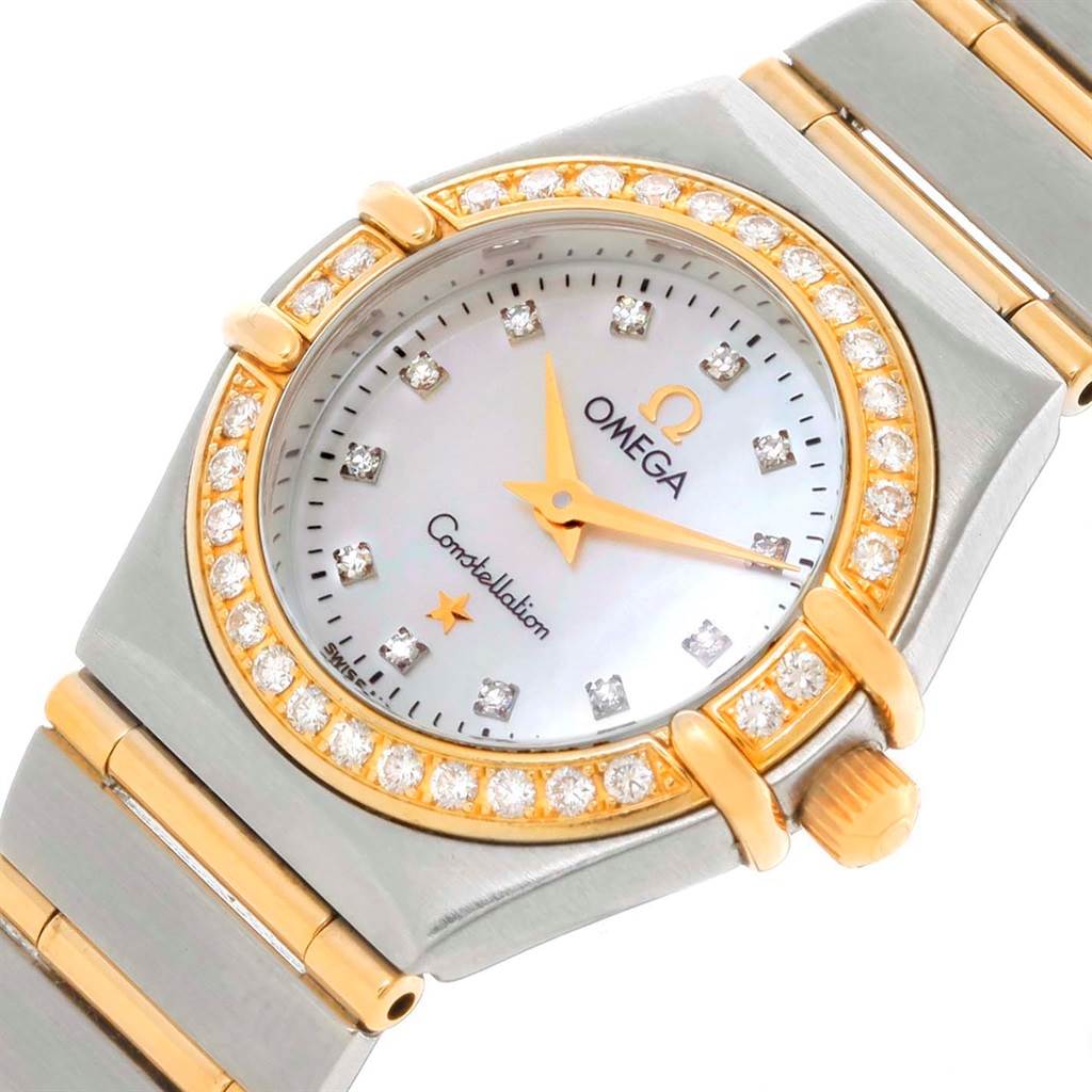 The image displays the face and partial bracelet of the Omega 1267.75.00 Women
s Steel and Gold (two tone) Mother of Pearl Dial 1267.75.00 Women
s Steel and Gold (two tone) Mother of Pearl Dial Constellation My Choice Mini Ladies Diamond Watch 1267.75.00 at a slight angle.